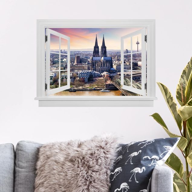 Autocolantes de parede metrópoles Offenes Fenster Köln Skyline mit Dom