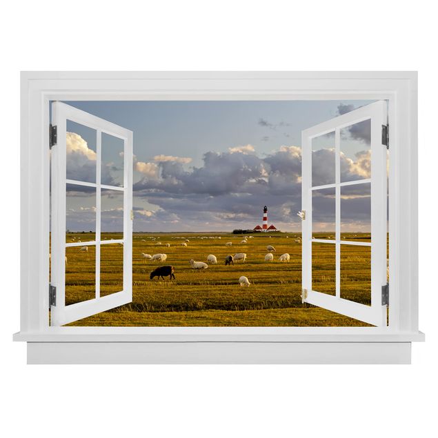 3D Wandtattoo Offenes Fenster Nordsee Leuchtturm mit Schafsherde