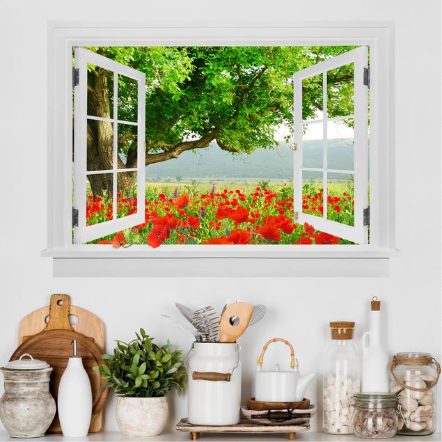 Offenes Fenster Sommerwiese mit Blumenkasten Wandtattoo