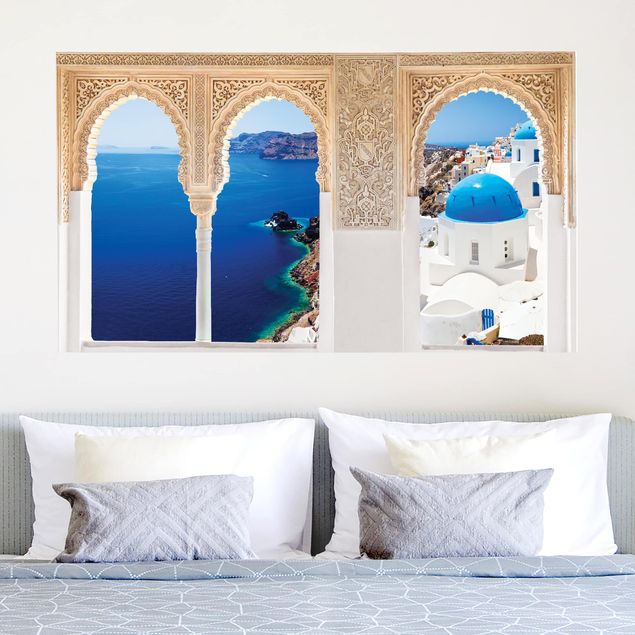 Autocolantes de parede Ilhas Verzierte Fenster View Over Santorini