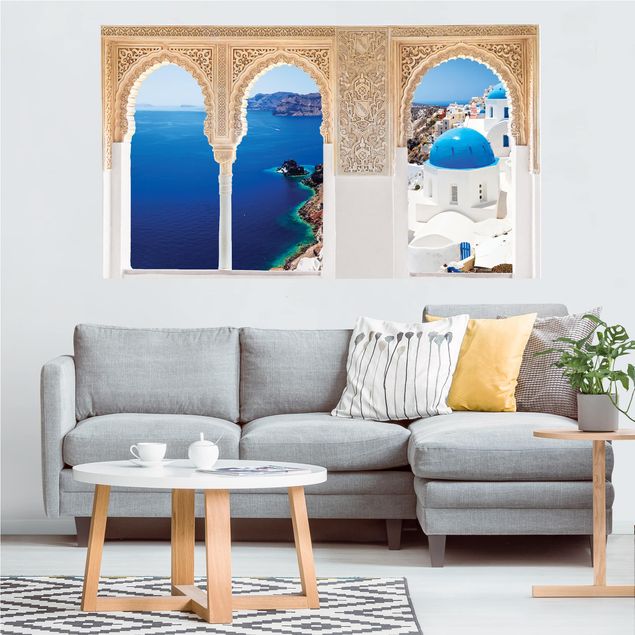 Autocolantes de parede metrópoles Verzierte Fenster View Over Santorini