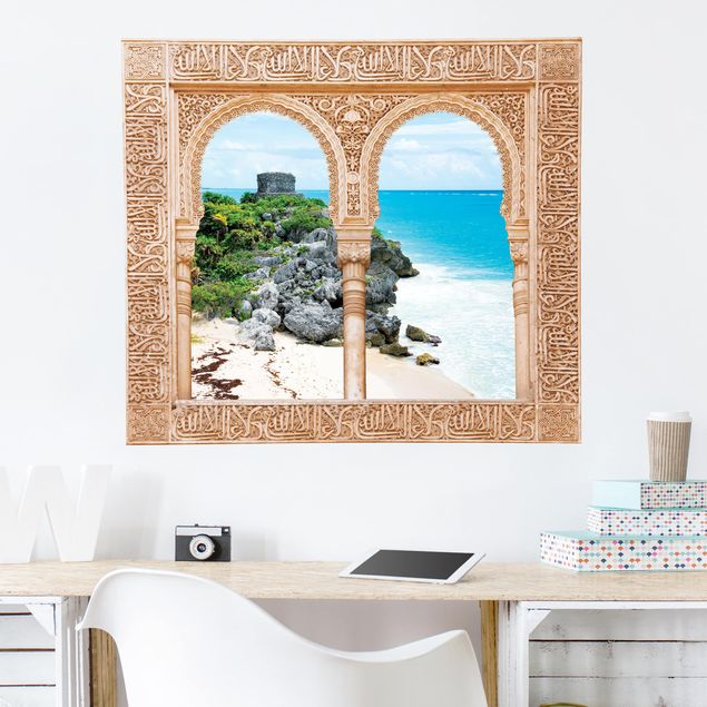 Wandaufkleber Stein Verziertes Fenster Karibikküste Tulum Ruinen