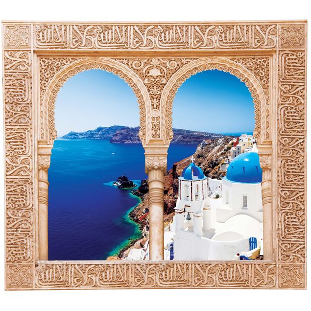 Autocolantes de parede com nomes de cidades Verziertes Fenster View Over Santorini