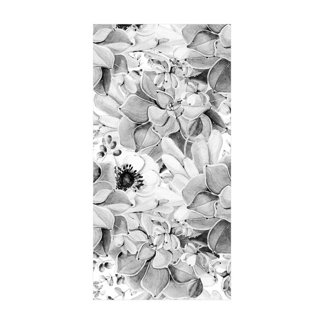 Moderner Teppich Aquarell Sukkulente mit Blüte in Schwarz Weiß
