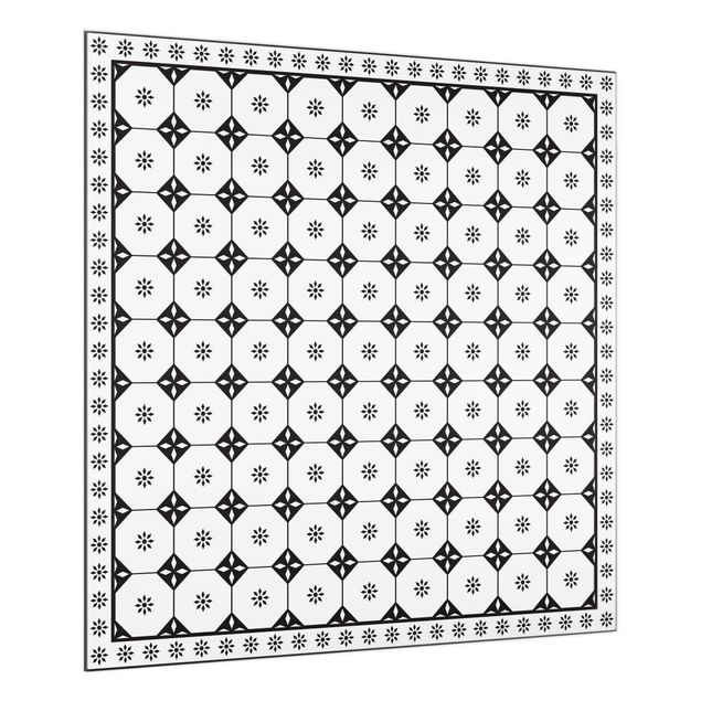 Spritzschutz Küche Glas Geometrische Fliesen Landhaus Schwarz Weiß mit Bordüre