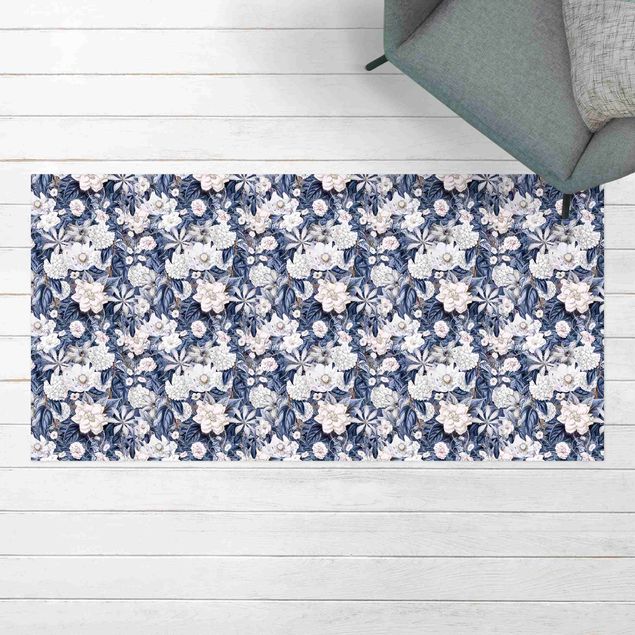 Aussen Teppich Weiße Blumen vor Blau