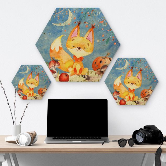 Hexagon Bild Holz - Aquarell Fuchs im Herbst