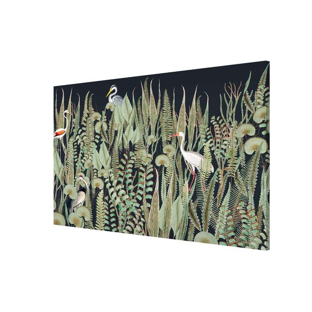 Wandbilder Floral Flamingo und Storch mit Pflanzen auf Grün