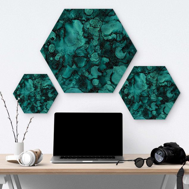 Hexagon Bild Holz - Türkise Tropfen mit Glitzer