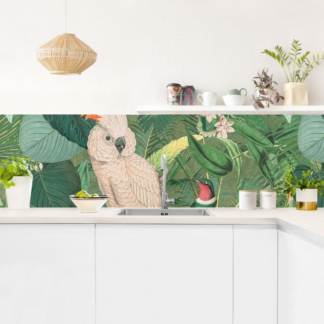 Glasrückwand Küche Vintage Collage - Kakadu und Kolibri