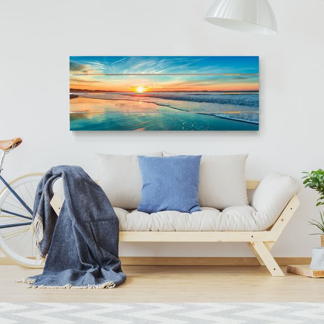 maritime Bilder auf Holz Romantischer Sonnenuntergang am Meer