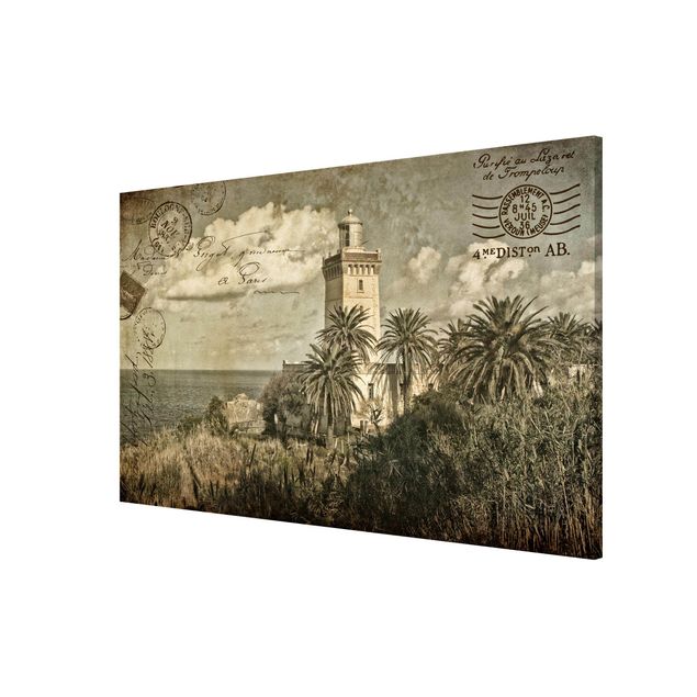 Wandbilder Kunstdrucke Leuchtturm und Palmen - Vintage Postkarte