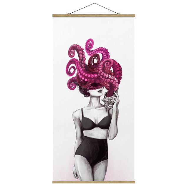 Wandbilder Kunstdrucke Illustration Frau in Unterwäsche Schwarz Weiß Oktopus