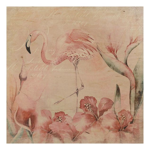Holzbilder Blumen Shabby Chic Collage - Flamingo