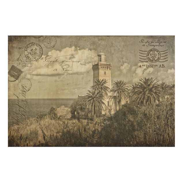 Holzbilder Landschaften Leuchtturm und Palmen - Vintage Postkarte