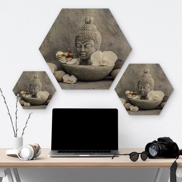 Holzbilder Zen Buddha, Orchideen und Steine
