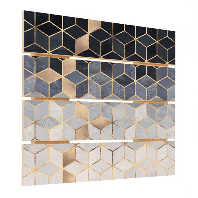 Holzbild - Elisabeth Fredriksson - Blau Weiß goldene Geometrie - Quadrat 1:1