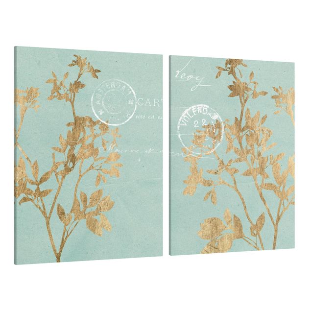 Wandbilder Blumen Goldene Blätter auf Turquoise Set I