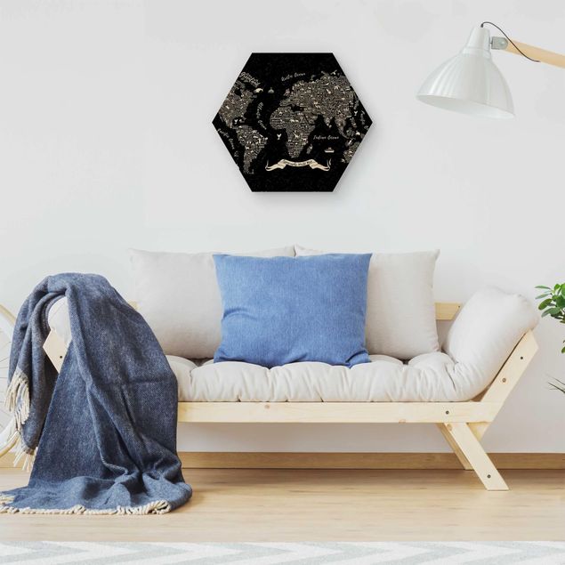 Holzbild mit Spruch Typografie Weltkarte schwarz
