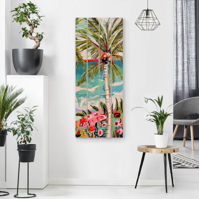 Holzbilder Landschaften Palme mit pinken Blumen II