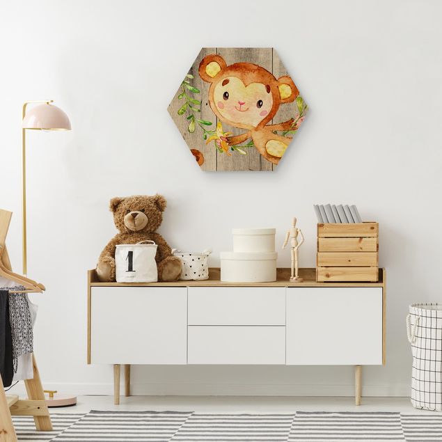 Wandbilder Kunstdrucke Aquarell Affe auf Holz