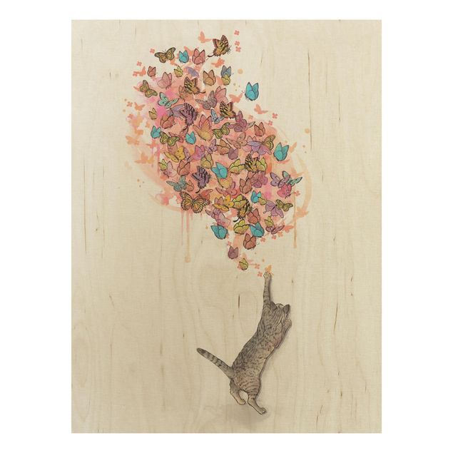 schöne Bilder Illustration Katze mit bunten Schmetterlingen Malerei