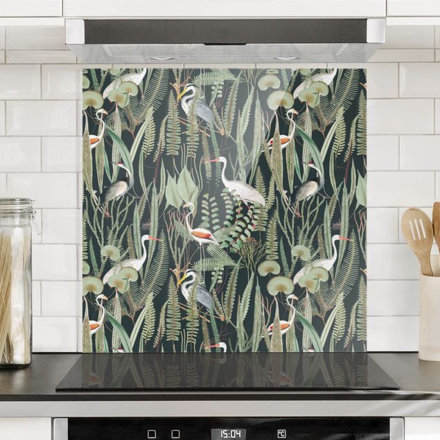Wanddeko Küche Flamingos und Störche mit Pflanzen auf Grün