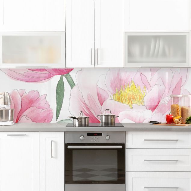Küchenrückwände Blumen Zeichnung Rosa Päonien I