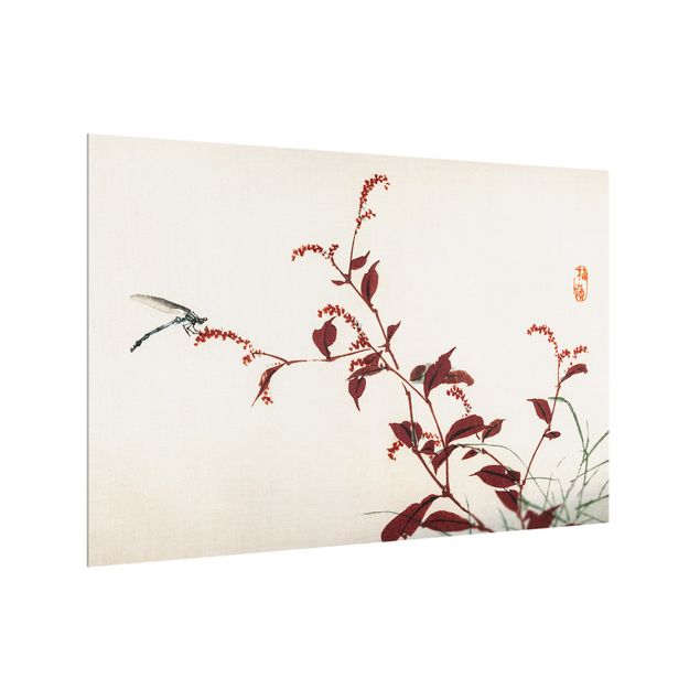 Glasrückwand Küche Asiatische Vintage Zeichnung Roter Zweig mit Libelle