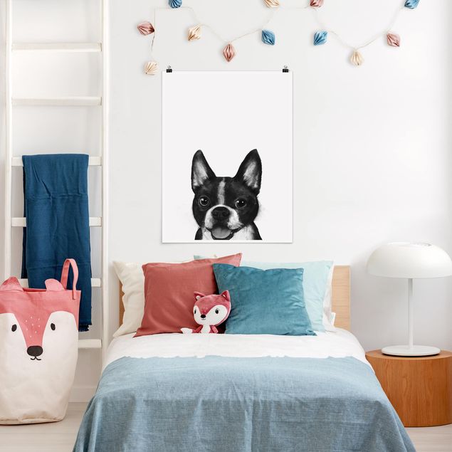 Poster schwarz-weiß Illustration Hund Boston Schwarz Weiß Malerei