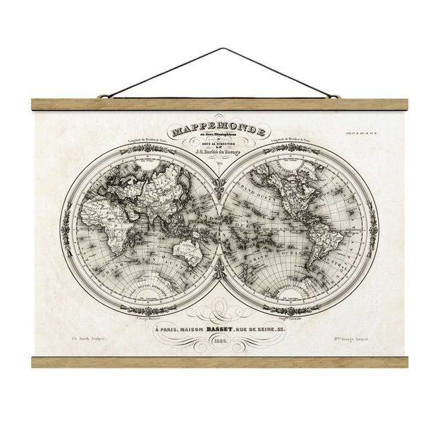 Wandbilder Vintage Weltkarte - Französische Karte der Hemissphären von 1848