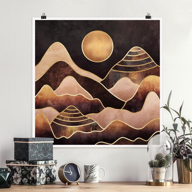 Wanddeko Küche Goldene Sonne abstrakte Berge