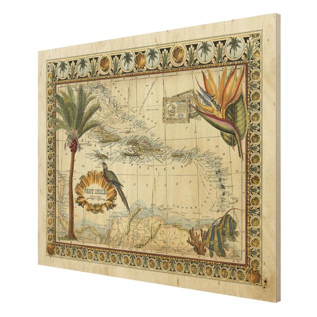 Holzbilder Landschaften Vintage Tropische Landkarte West Indien