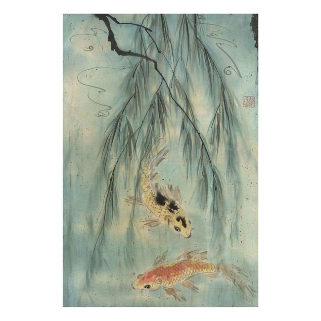 Holzbilder Vintage Japanische Aquarell Zeichnung Goldfische II
