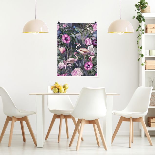 Poster mit Blumen Bunte Collage - Pinke Flamingos im Dschungel