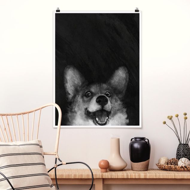 Wanddeko Küche Illustration Hund Corgi Malerei Schwarz Weiß