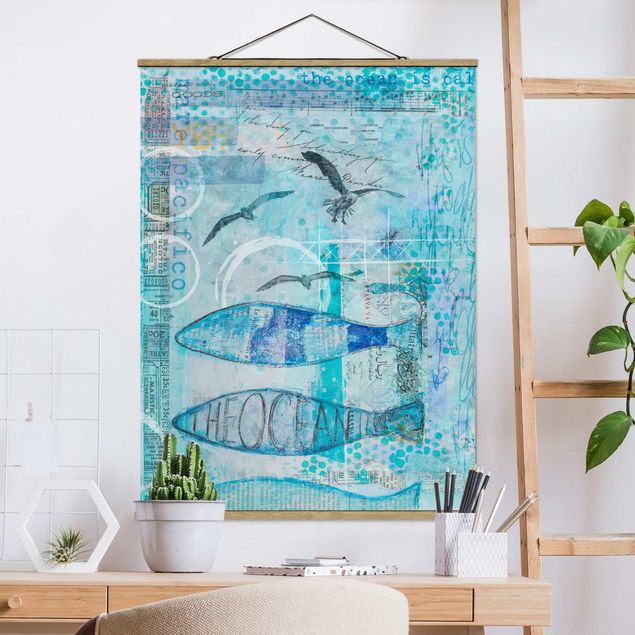 Wanddeko Küche Bunte Collage - Blaue Fische