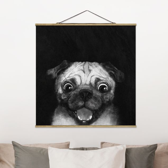 Küche Dekoration Illustration Hund Mops Malerei auf Schwarz Weiß
