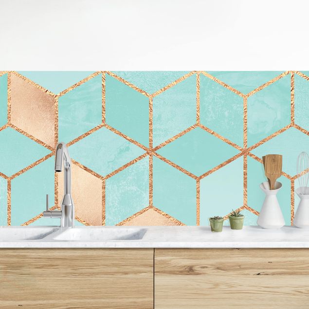 Wanddeko Küche Türkis Weiß goldene Geometrie