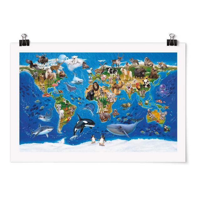 Wandbilder Weltkarten Weltkarte mit Tieren
