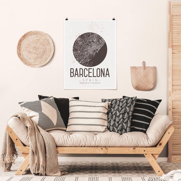 Poster Weltkarte Stadtplan Barcelona - Retro