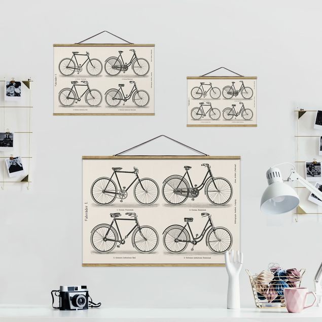 Stoffbild mit Posterleisten - Vintage Schautafel Fahrräder - Querformat 3:2