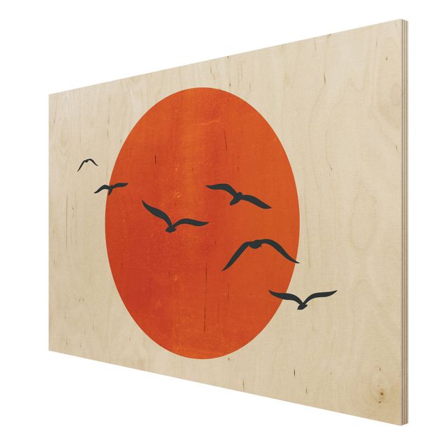 Kubistika Bilder Vogelschwarm vor roter Sonne I