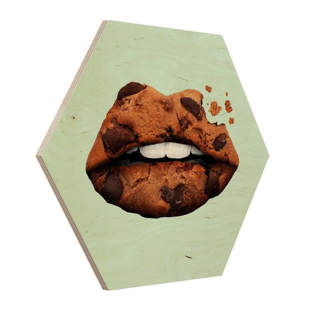 Wandbild Holz Lippen mit Keks