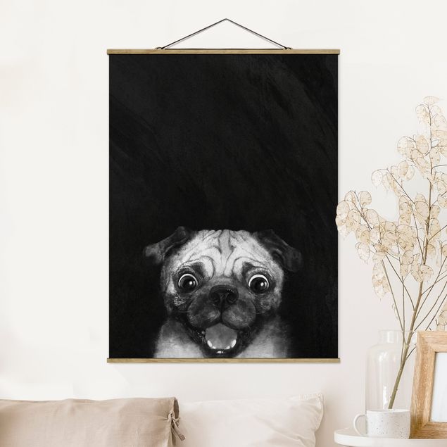 Küche Dekoration Illustration Hund Mops Malerei auf Schwarz Weiß
