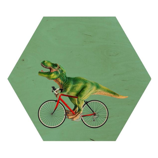 Wandbild Holz Dinosaurier mit Fahrrad