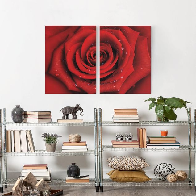 Leinwandbild Rose Rote Rose mit Wassertropfen