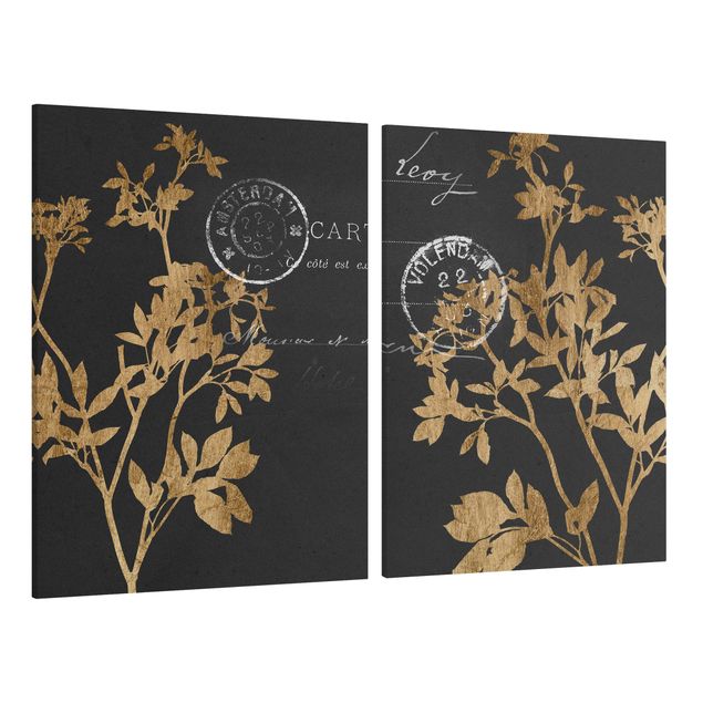 Wandbilder Blumen Goldene Blätter auf Mokka Set I