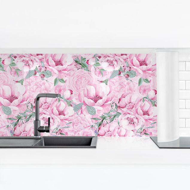 Küchenrückwand Folie Rosa Blütentraum Pastell Rosen in Aquarell