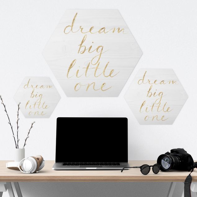Hexagon Bild Alu-Dibond - Holzwand weiß - Dream big